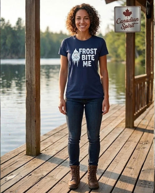 Woman wearing a navy Frost Bite Me t-shirt on a lakeside dock