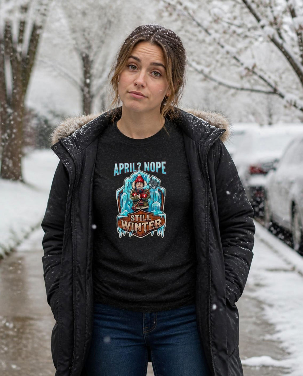 Woman wearing a black April Nope Still Winter t-shirt on a snowy spring street