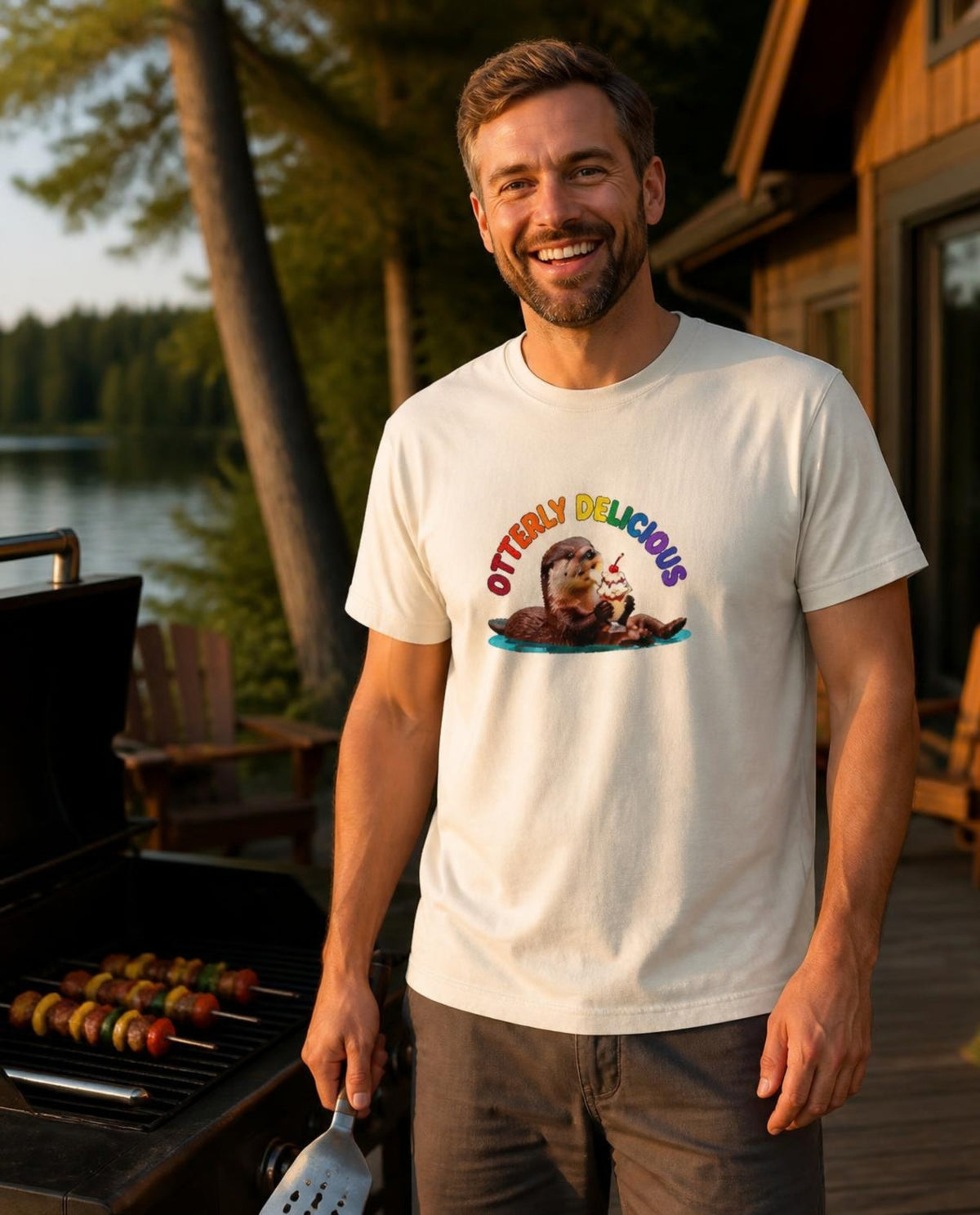 Man wearing a vintage white Otterly Delicious t-shirt at a lakeside cottage barbecue