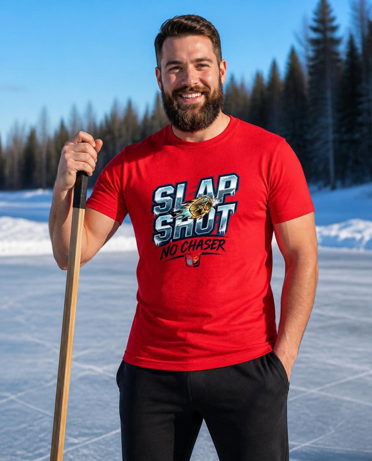 Man wearing a red Slap Shot No Chaser t-shirt on a frozen pond