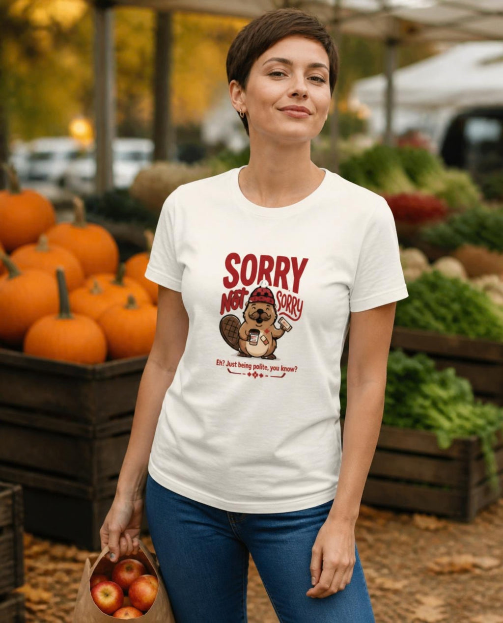 Woman wearing a vintage white Sorry Not Sorry beaver t-shirt at an autumn farmers market