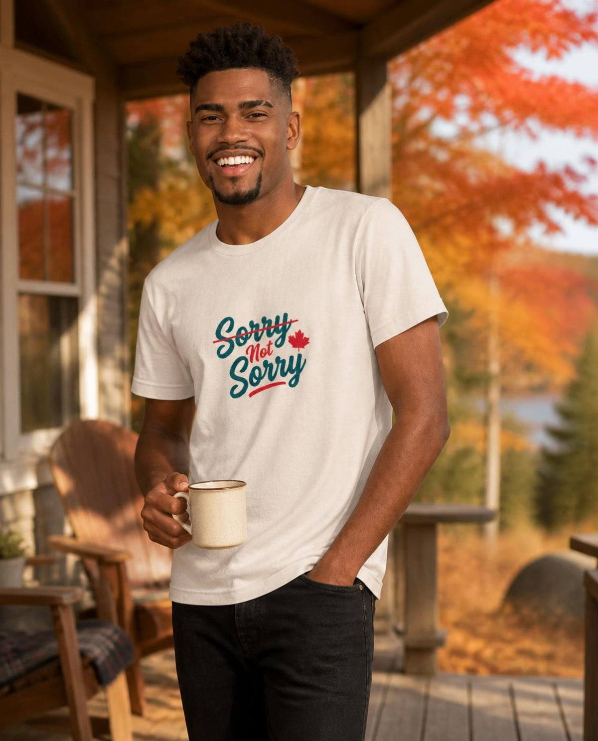 Man wearing a vintage white Sorry Not Sorry t-shirt on a cottage porch in autumn