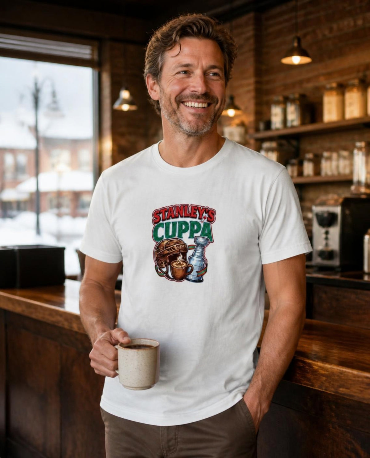 Man wearing a vintage white Stanley's Cuppa t-shirt in a cozy coffee shop