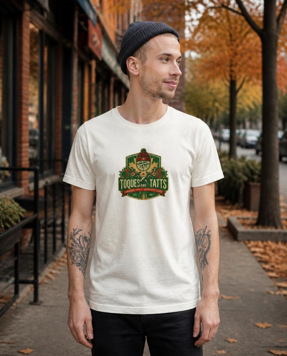 Man wearing a vintage white Toque or Tatts t-shirt on a city street in autumn