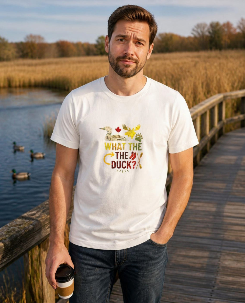 Man wearing a vintage white What the Duck t-shirt on a wetland boardwalk with ducks